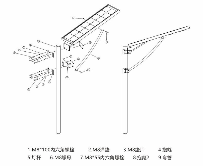 东莞花季传媒APP下载安装照明抱箍式一体化LED太阳能路灯安装示意图