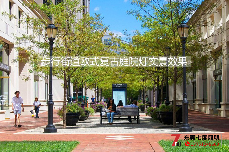 花季传媒APP下载安装照明-步行街道欧式复古庭院灯安装实景效果图片